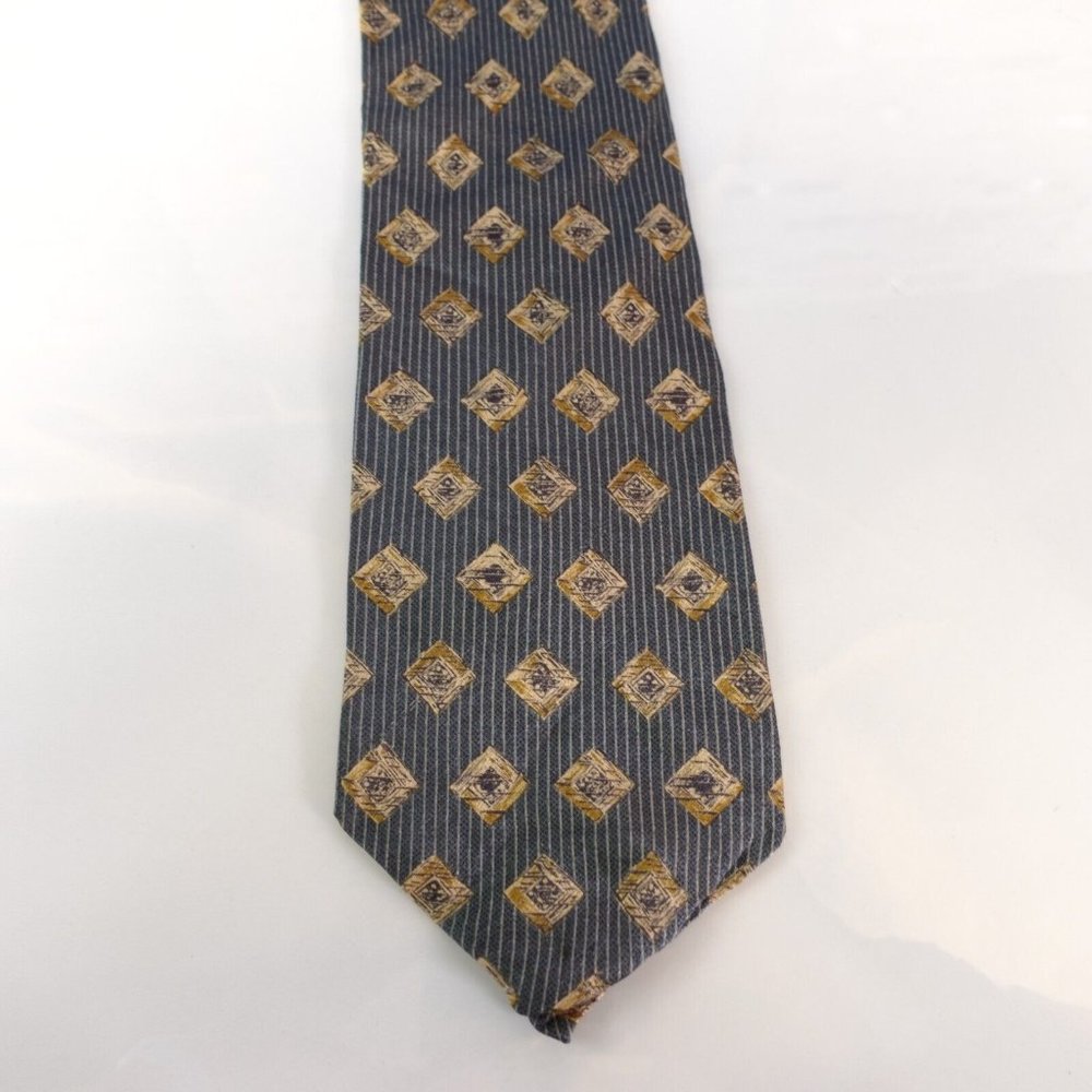 BRUTUS Men's Denim Blue Ivory Geometric Art Striped Necktie Silk Diamond Classic - Picture 4 of 10